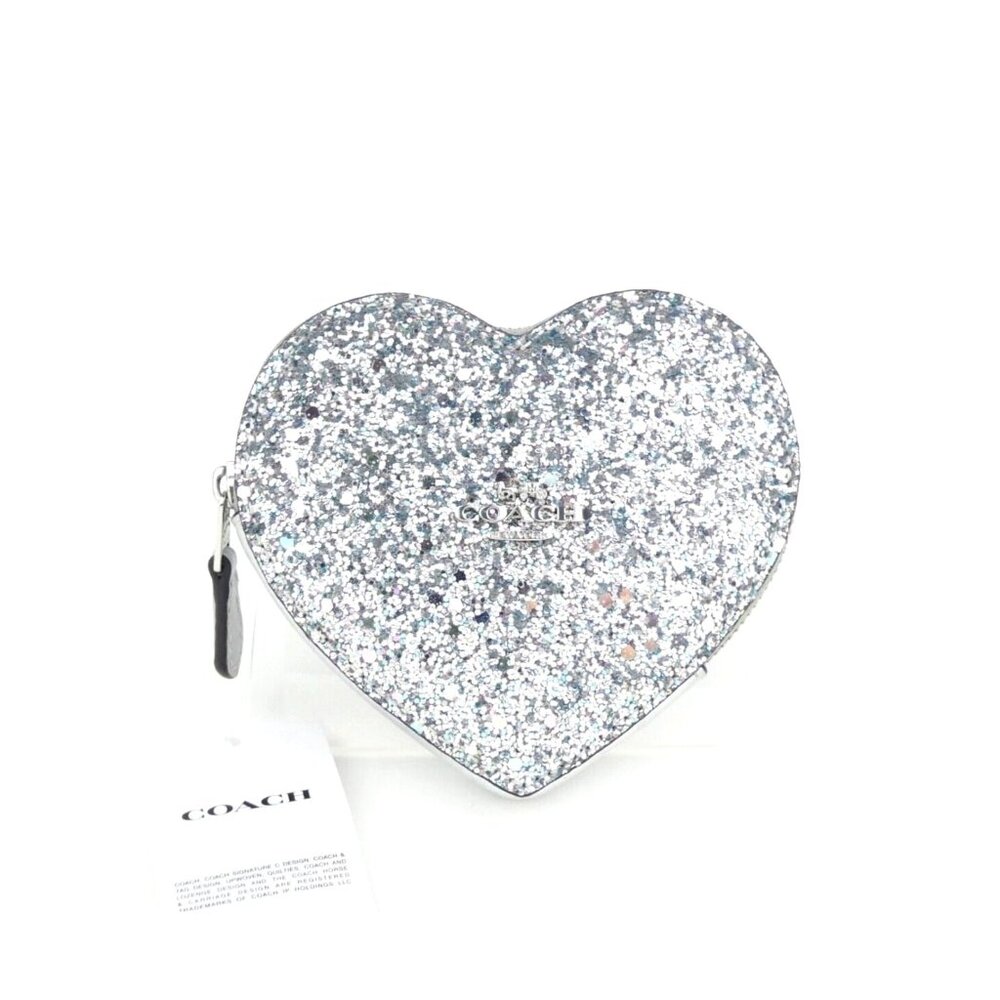 Coach Silver Glitter Heart Zip Coin Case NWT CQ167